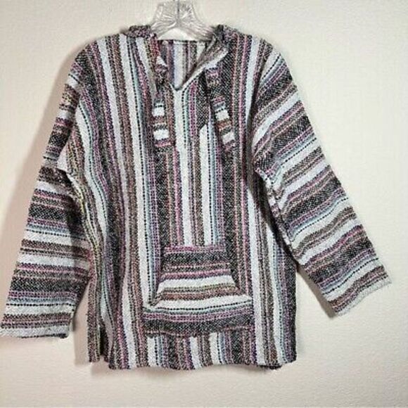 Womens White Multi Striped Knit Hoodie Sweater Boxy Pullover Hippie Size Medium - Picture 1 of 6